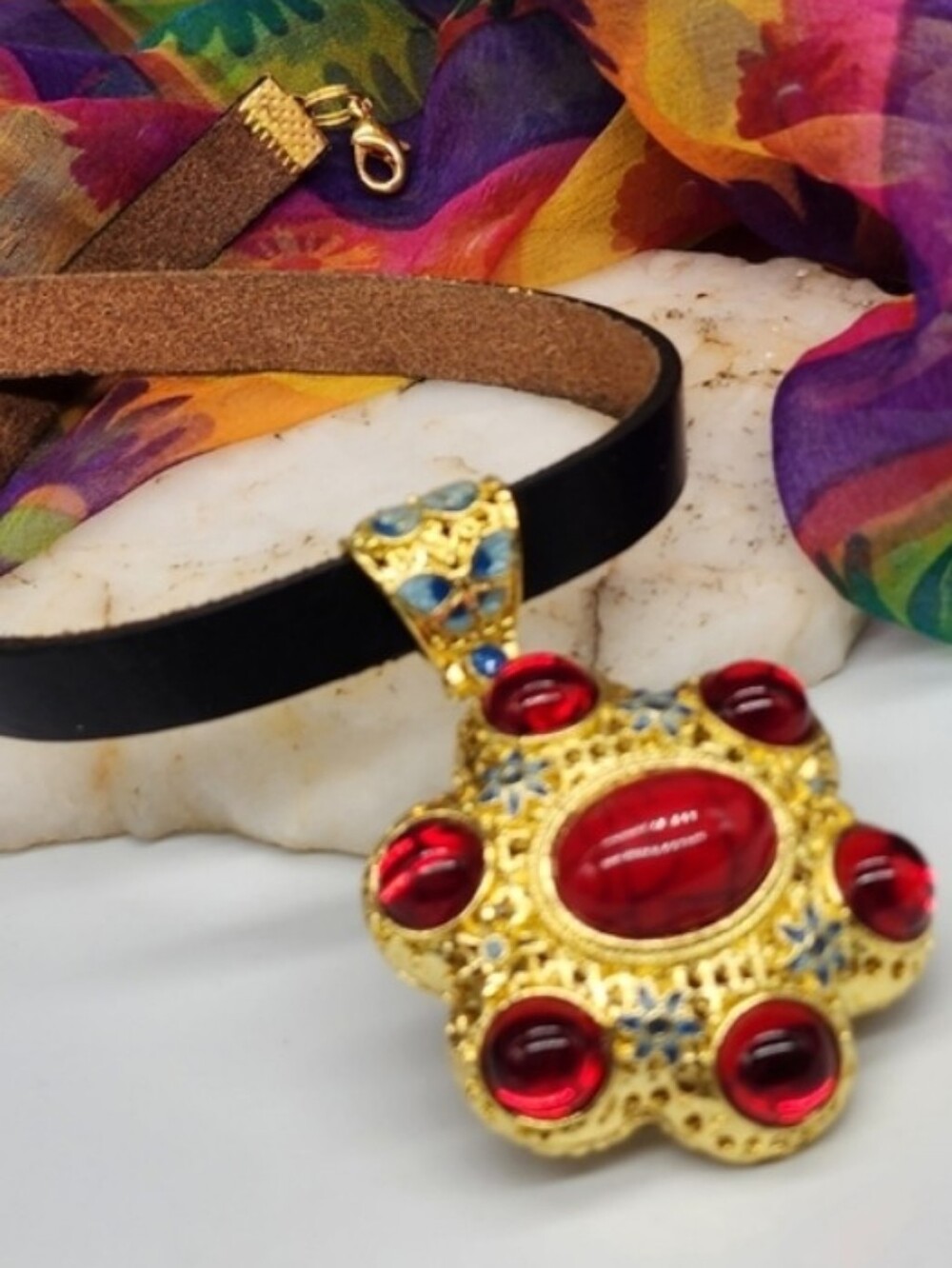 Genuine Italian Leather Designer Choker Big Gold Pendant Hypoallergenic jewelry